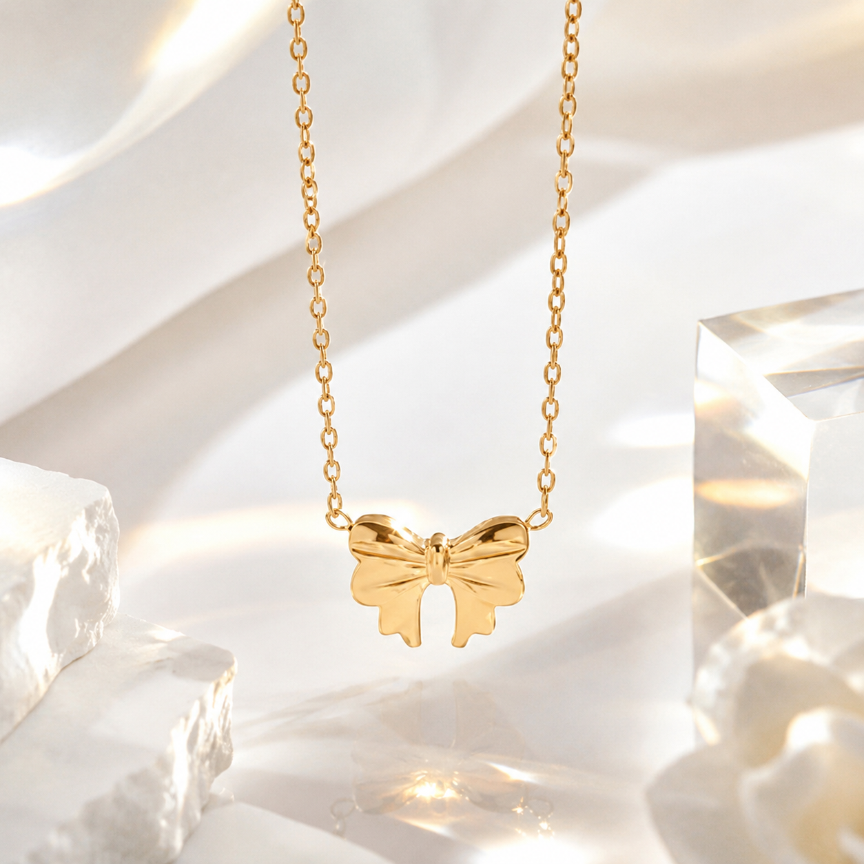 Bow Pendant Necklace – 18K Gold, Minimalist, Waterproof