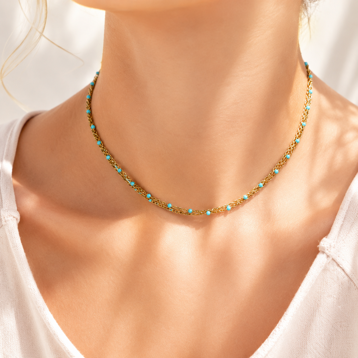 Turquoise Bead Necklace – 18K Gold, Dainty Boho, Waterproof