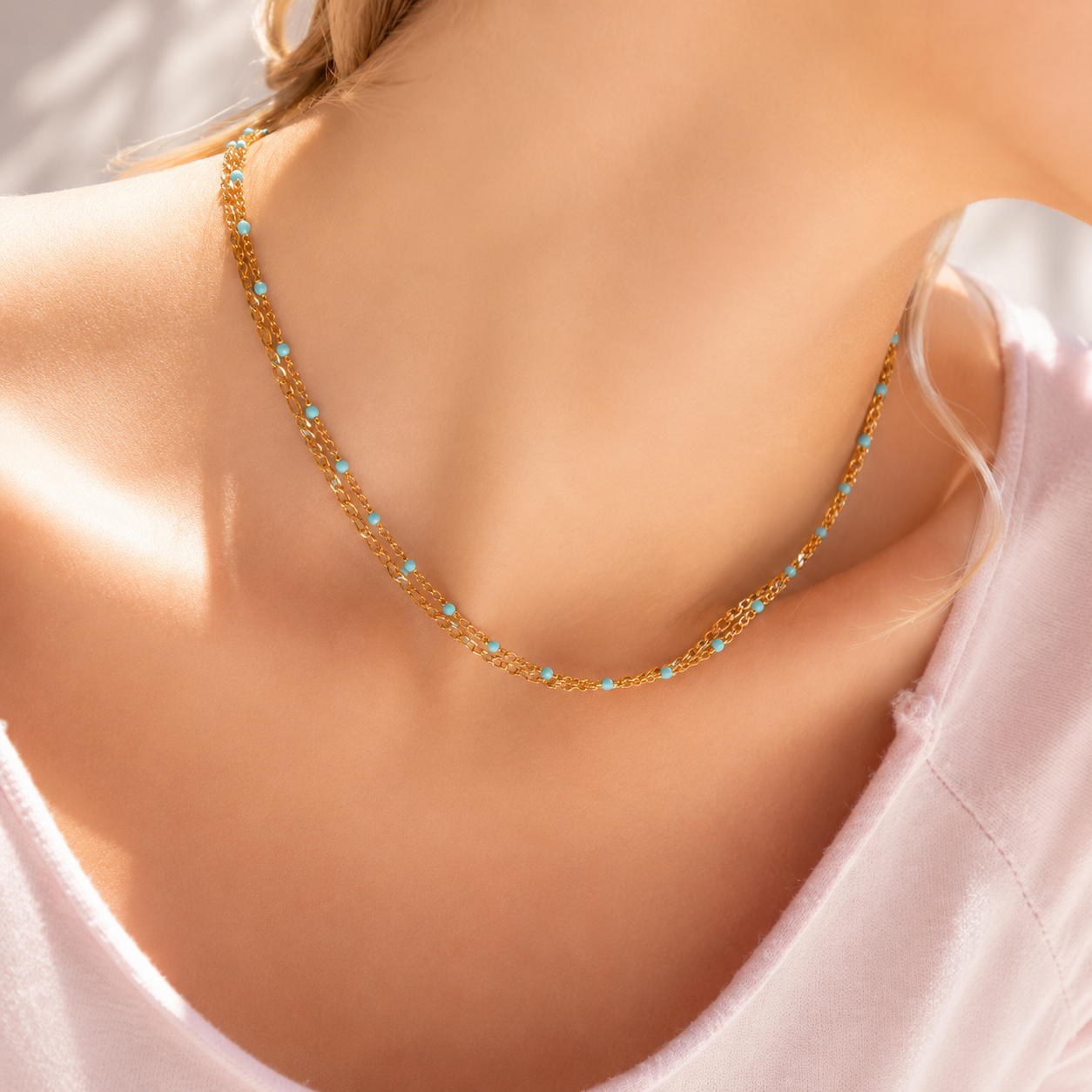 Turquoise Bead Necklace – 18K Gold, Dainty Boho, Waterproof