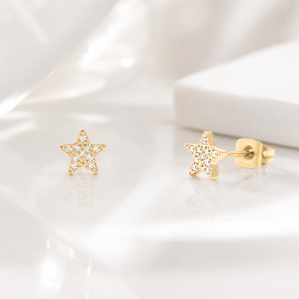 Pave Star Stud Earrings – 18K Gold, Dainty Celestial, Waterproof