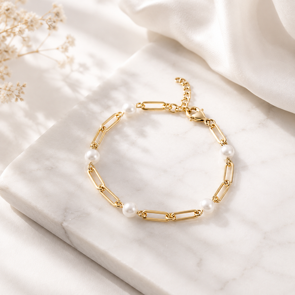 Pearl Paperclip Bracelet – 18K Gold, Minimalist, Dainty