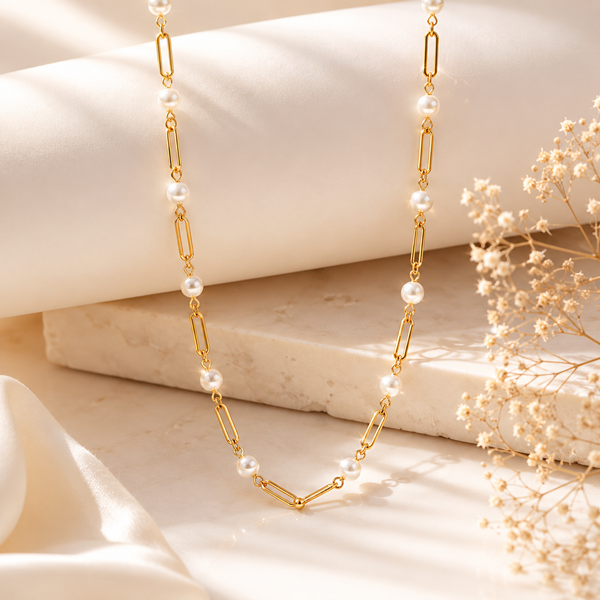 Crystal Paperclip Necklace – 18K Gold, CZ Station Chain, Waterproof