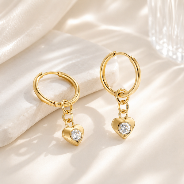 Heart Charm Huggie Earrings – 18K Gold, CZ Dangle, Hoop