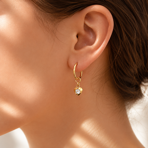 Heart Charm Huggie Earrings – 18K Gold, CZ Dangle, Hoop