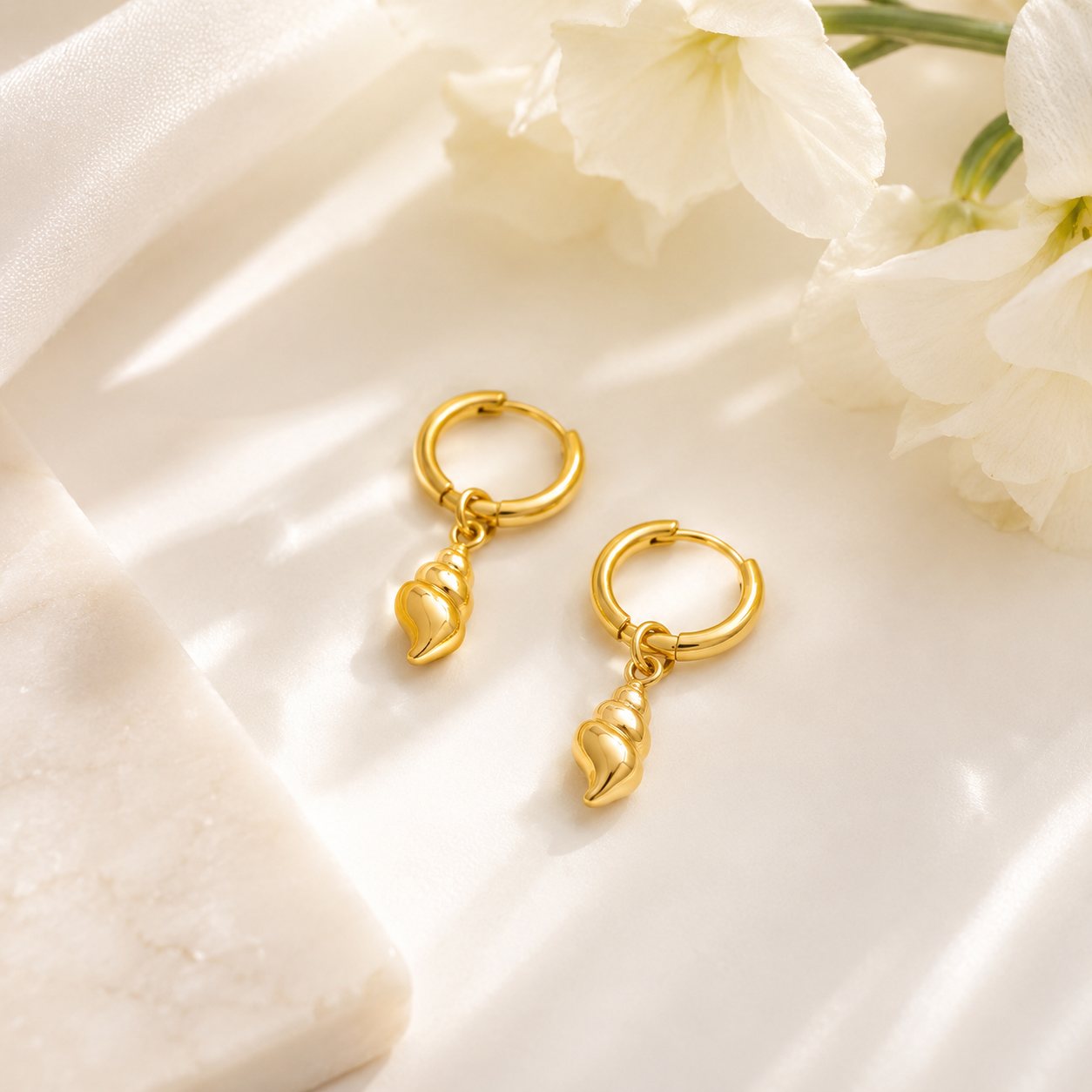 Conch Shell Huggie Earrings – 18K Gold, Coastal, Waterproof