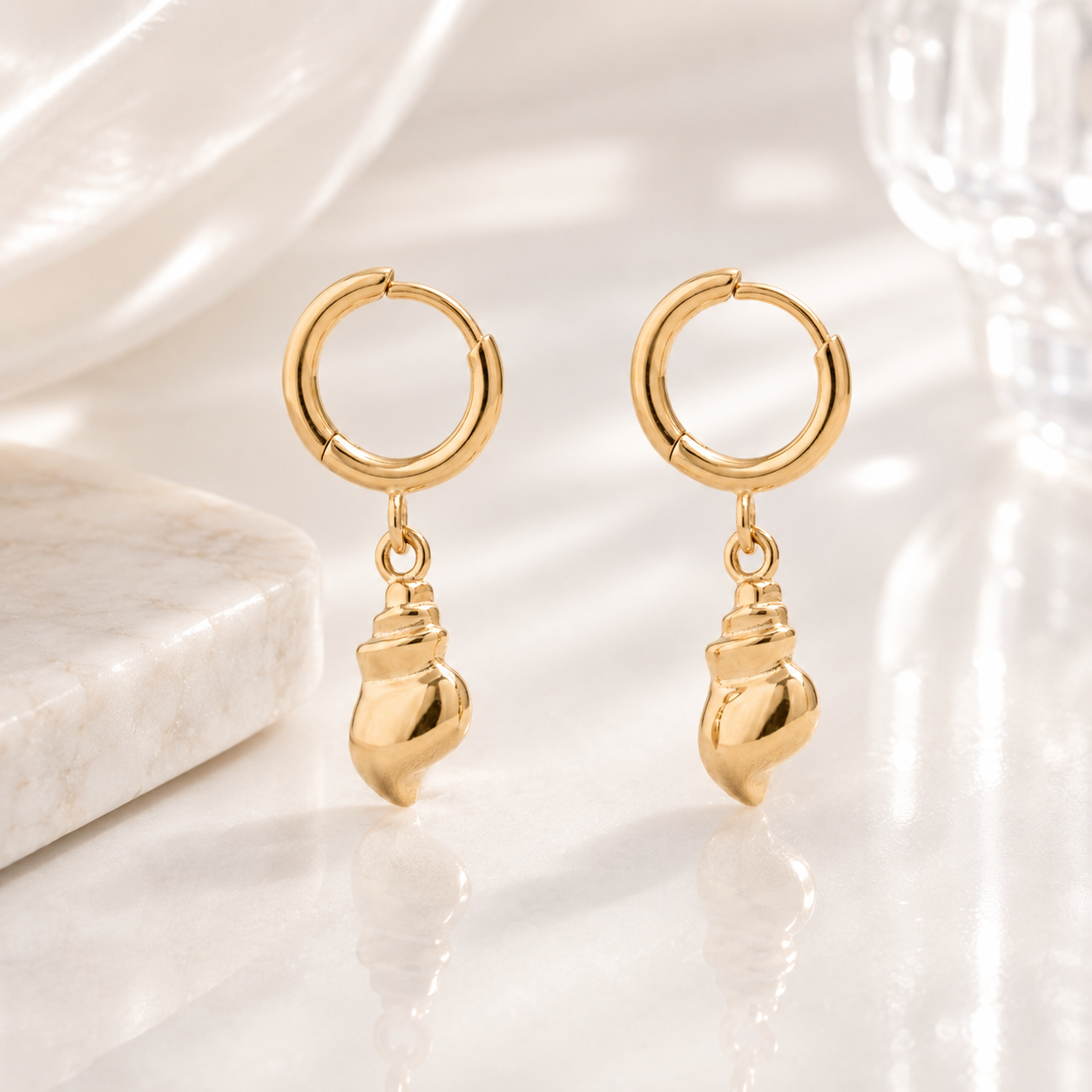 Conch Shell Huggie Earrings – 18K Gold, Coastal, Waterproof