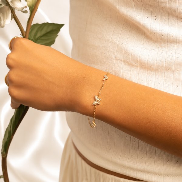 Butterfly Bracelet – 18K Gold, CZ Stone, Adjustable, Waterproof