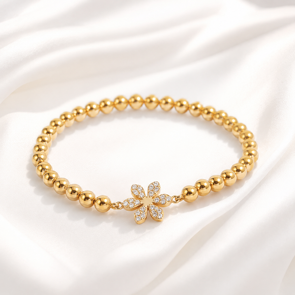 Flower Beaded Stretch Bracelet – 18K Gold, Waterproof