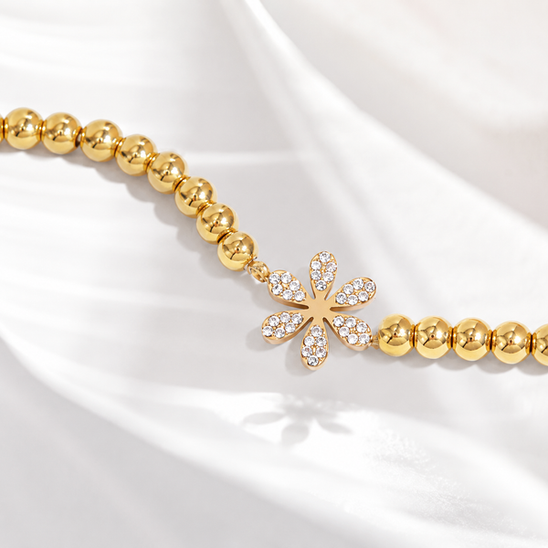 Flower Beaded Stretch Bracelet – 18K Gold, Waterproof