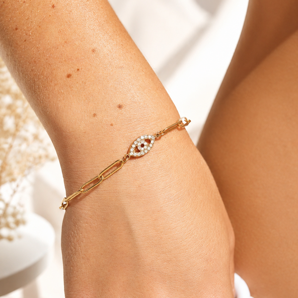 Evil Eye Paperclip Chain Bracelet – 18K Gold, Waterproof