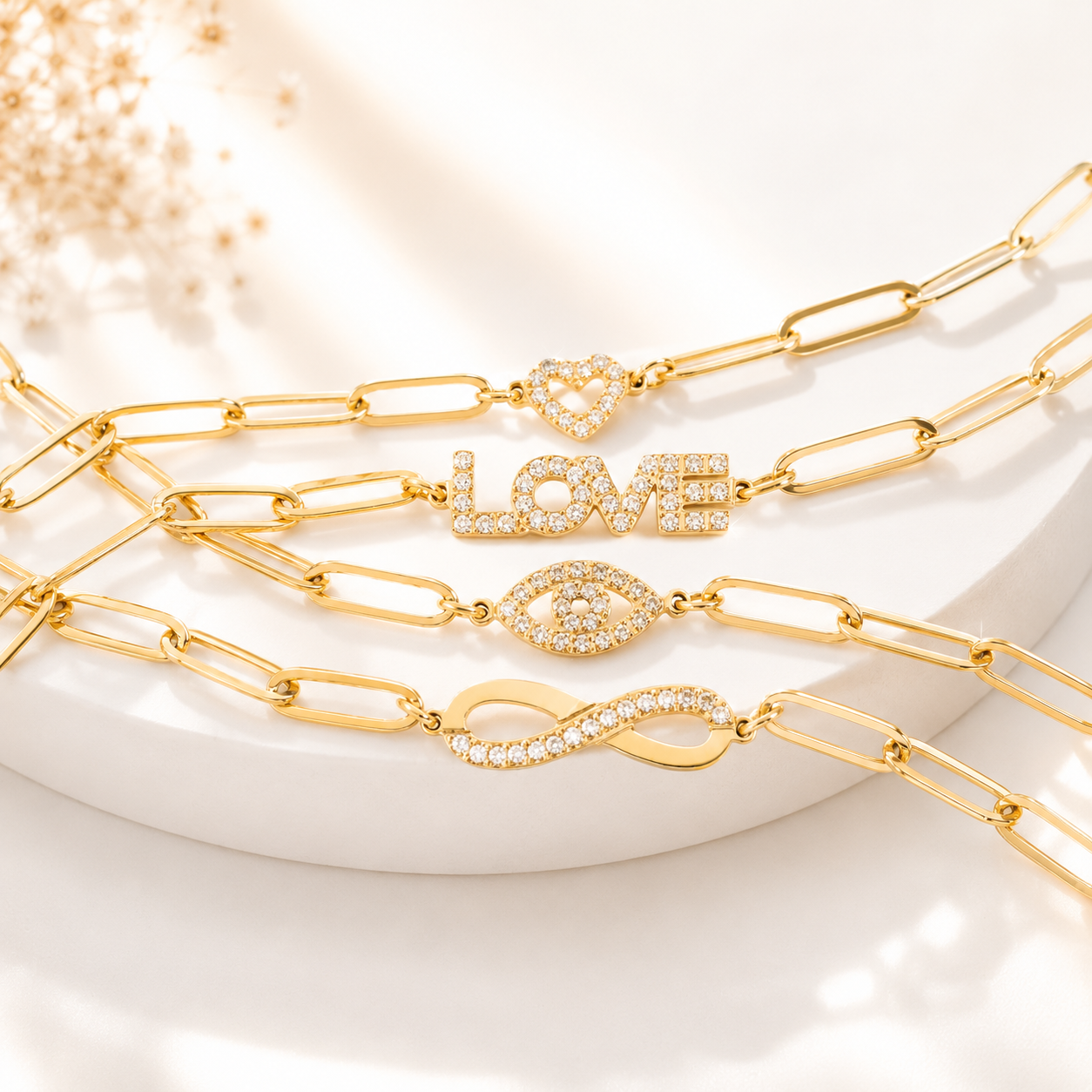 CZ Love Paperclip Chain Bracelet – 18K Gold, Waterproof