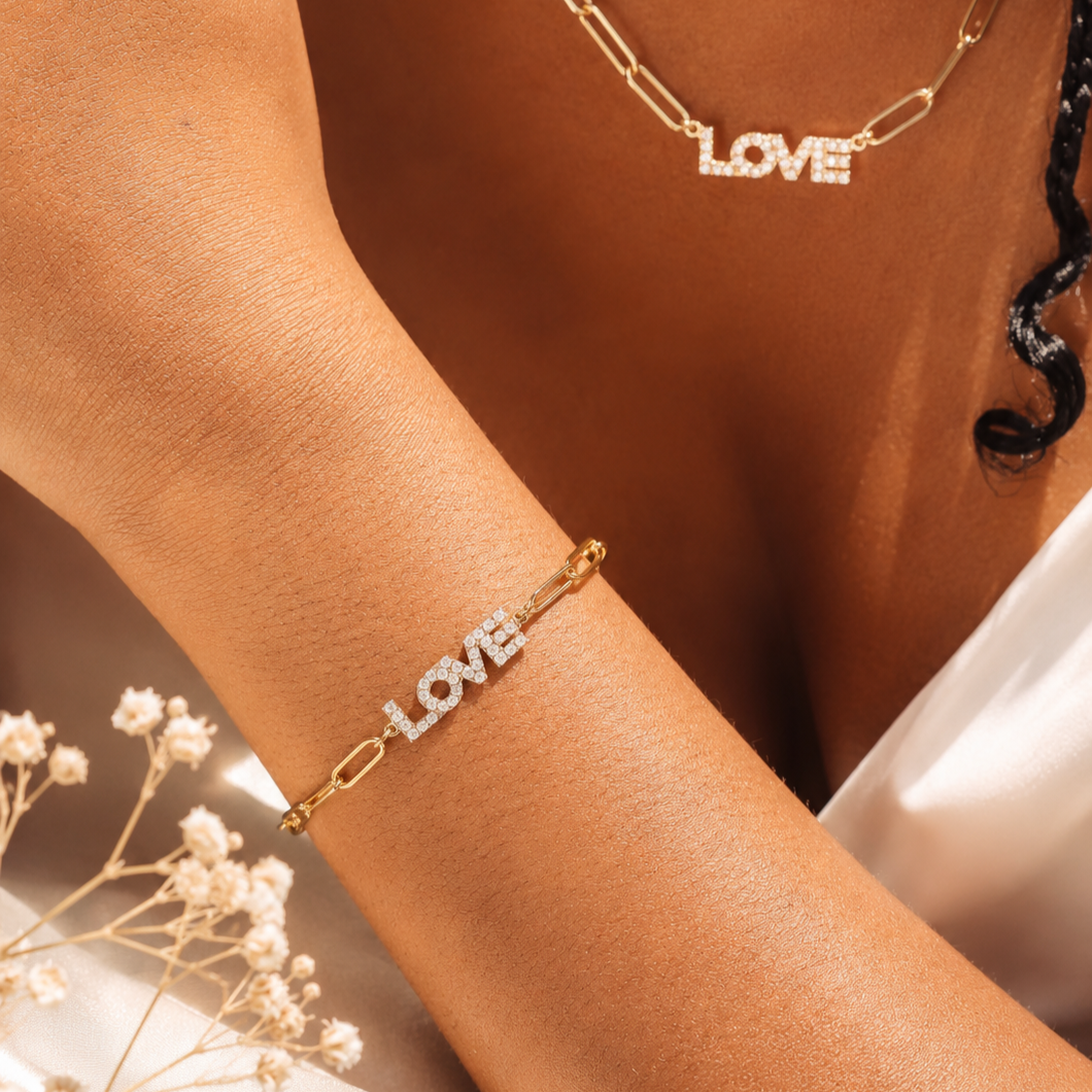 CZ Love Paperclip Chain Bracelet – 18K Gold, Waterproof