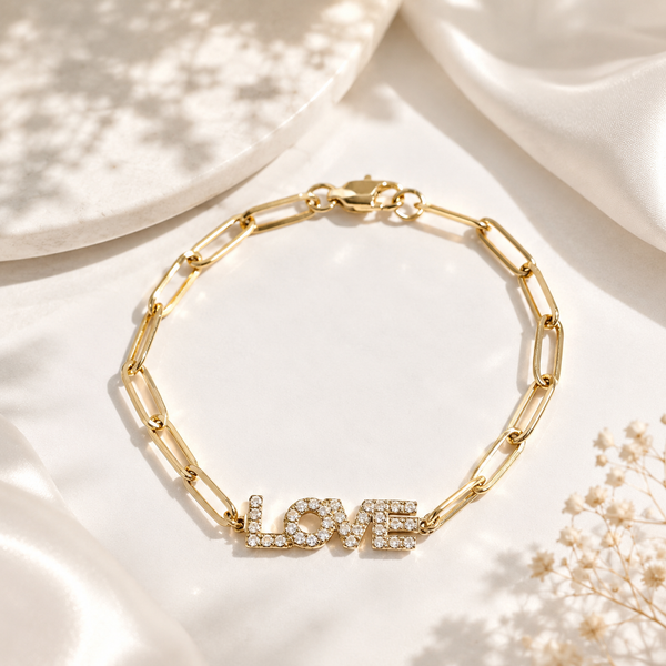 CZ Love Paperclip Chain Bracelet – 18K Gold, Waterproof
