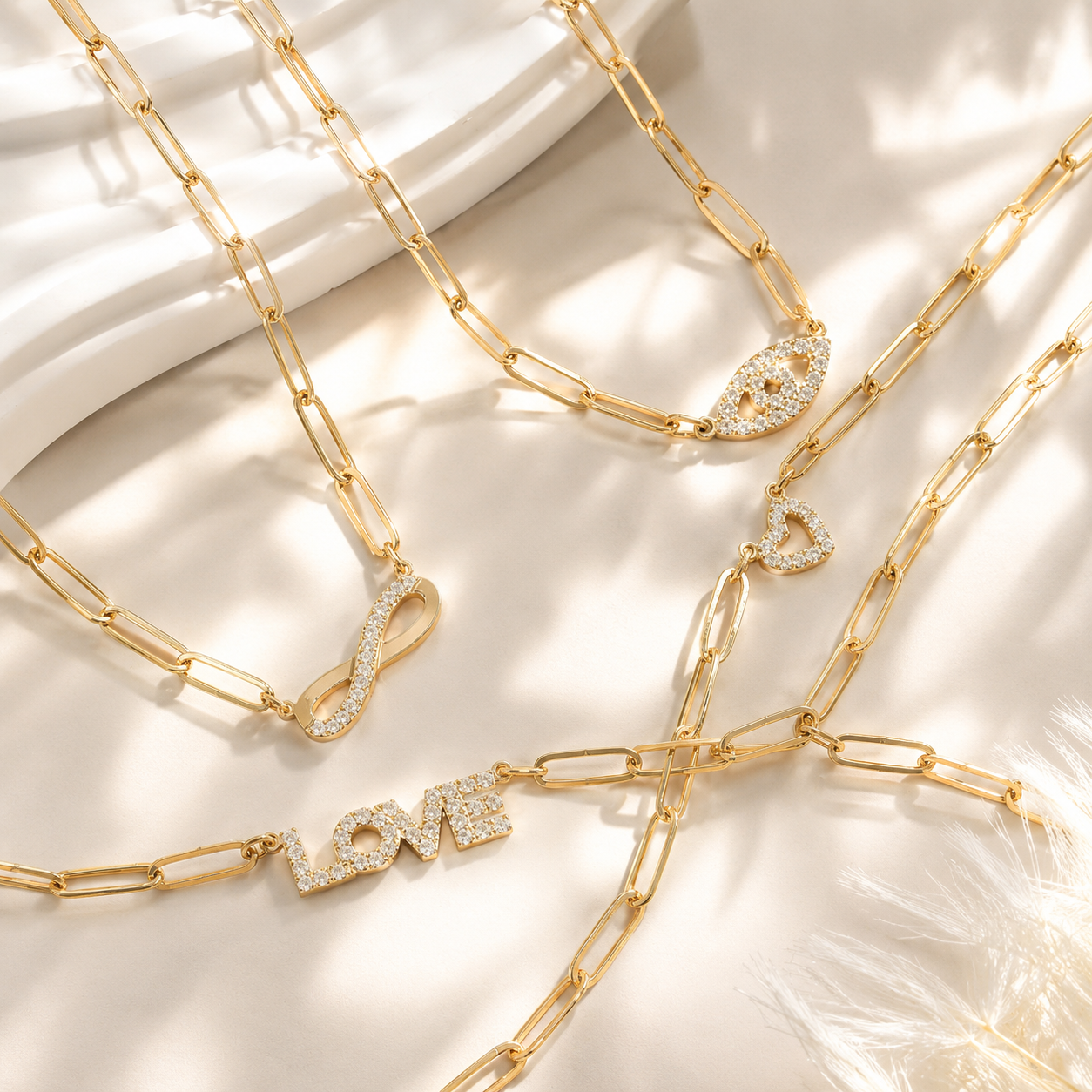 CZ Pave Love Pendant Necklace – 18K Gold Paperclip Chain