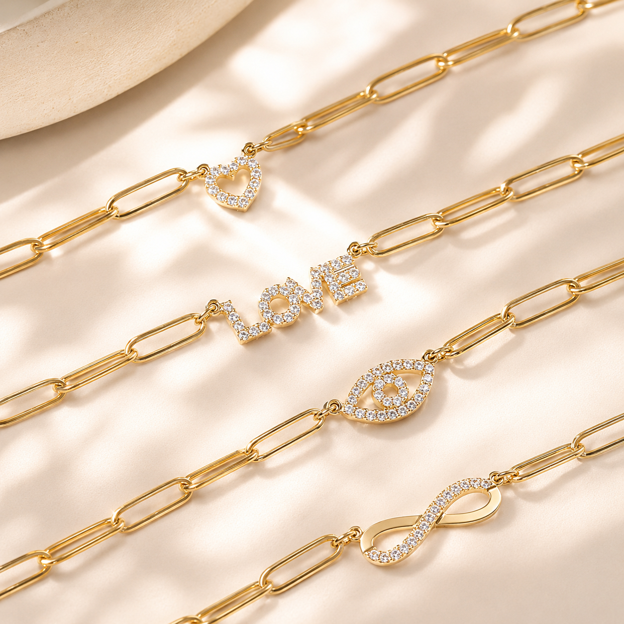 CZ Pave Love Pendant Necklace – 18K Gold Paperclip Chain
