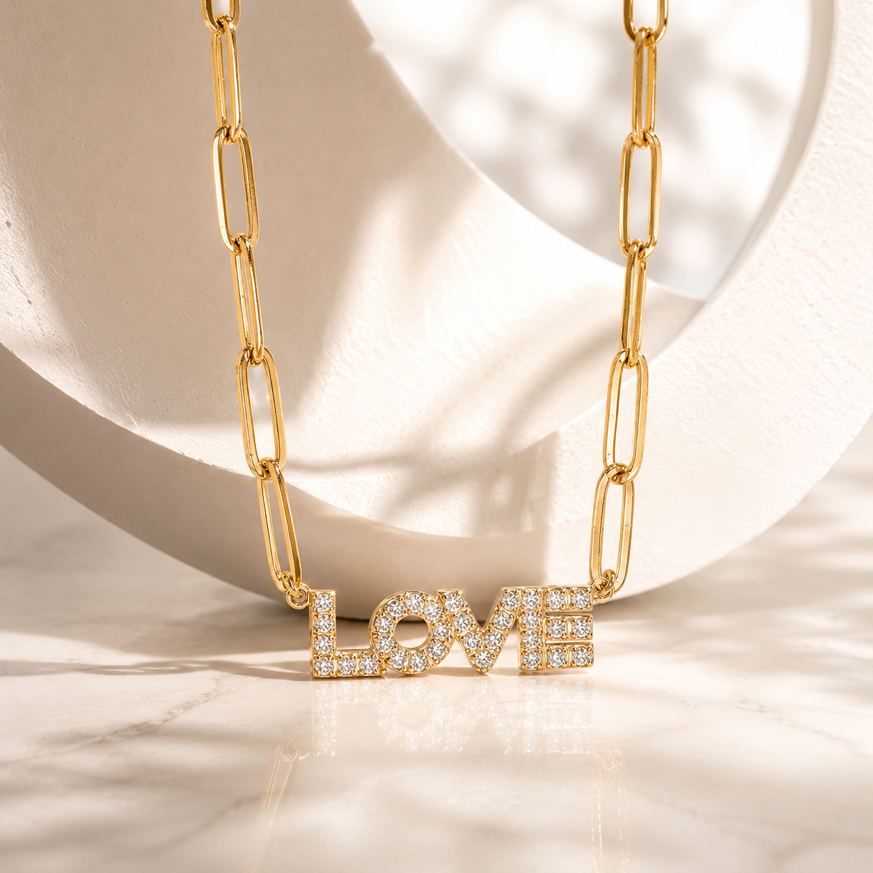 CZ Pave Love Pendant Necklace – 18K Gold Paperclip Chain