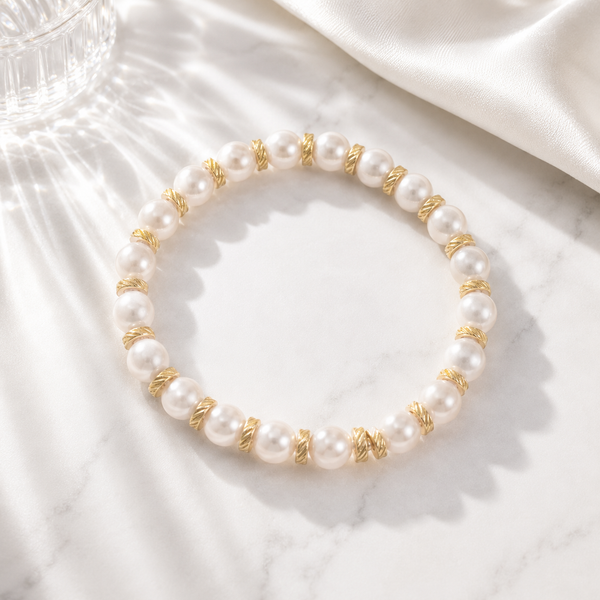 Kiska Glass Pearl Bracelet – 18K Gold, Textured Spacers, Waterproof
