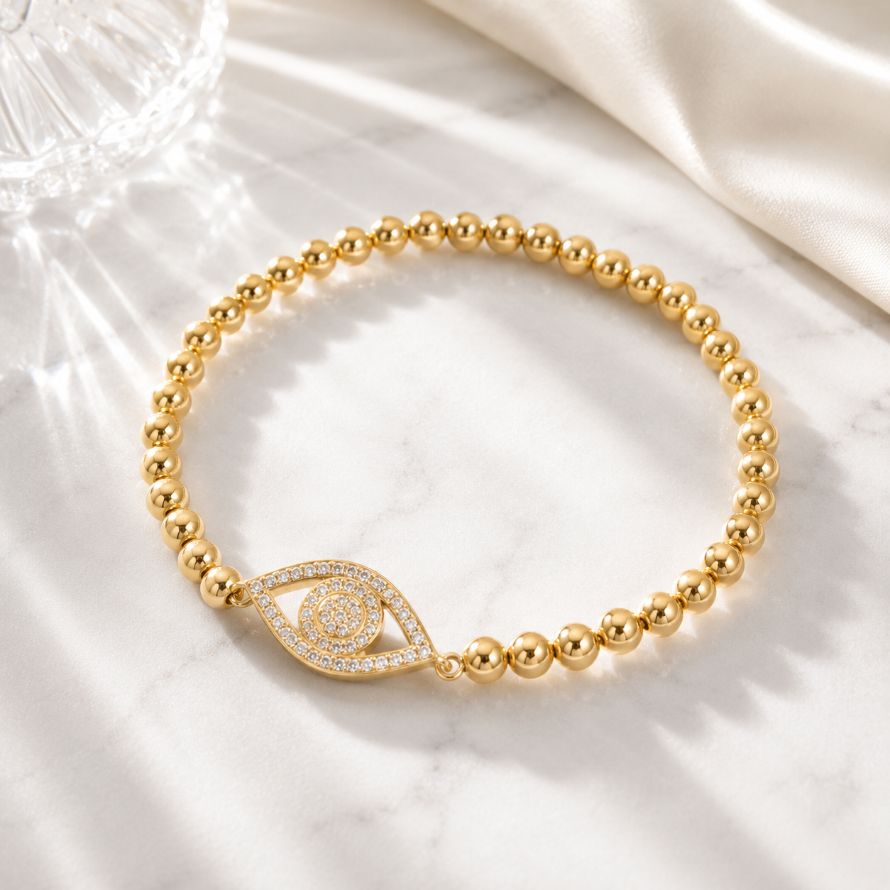 Evil Eye Beaded Stretch Bracelet – 18K Gold, Waterproof