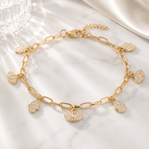 Hamsa Evil Eye Bracelet – 18K Gold, Paperclip Chain, Waterproof