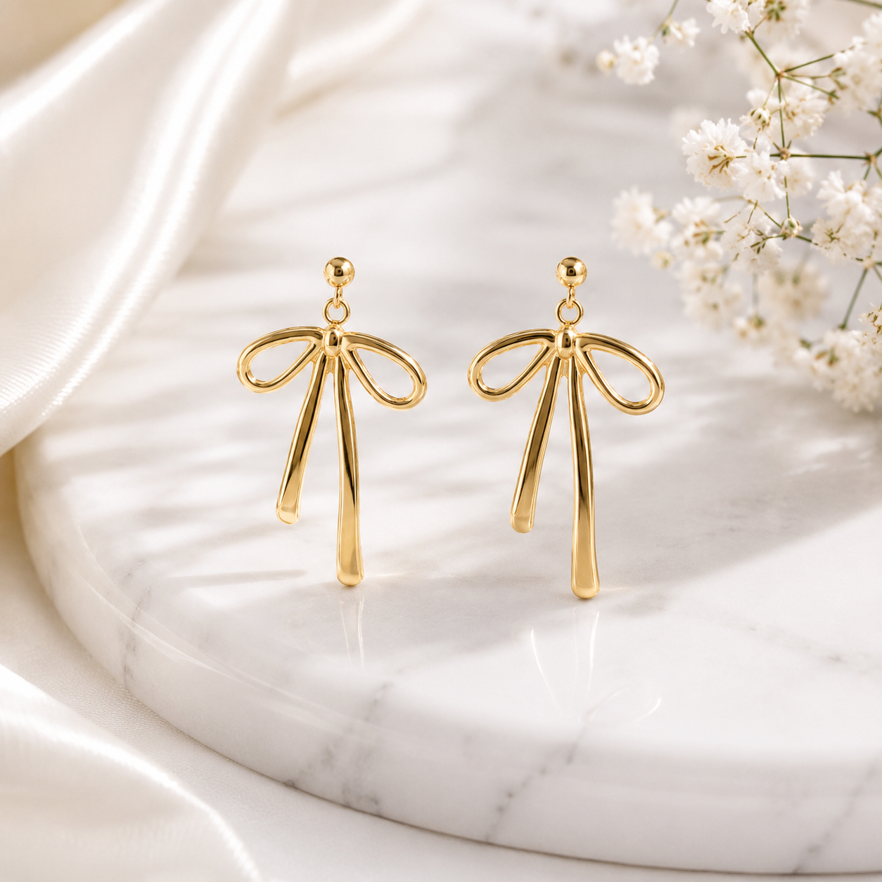 Ribbon Bow Drop Earrings – 18K Gold, Waterproof, Hypoallergenic