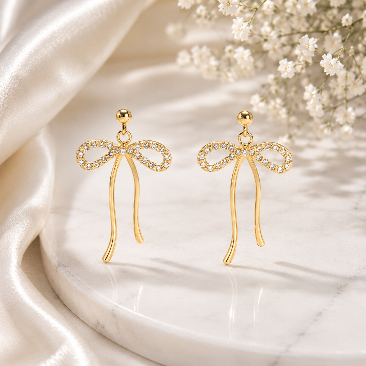 Ribbon Bow Stud Earrings – 18K Gold, CZ Stones, Waterproof