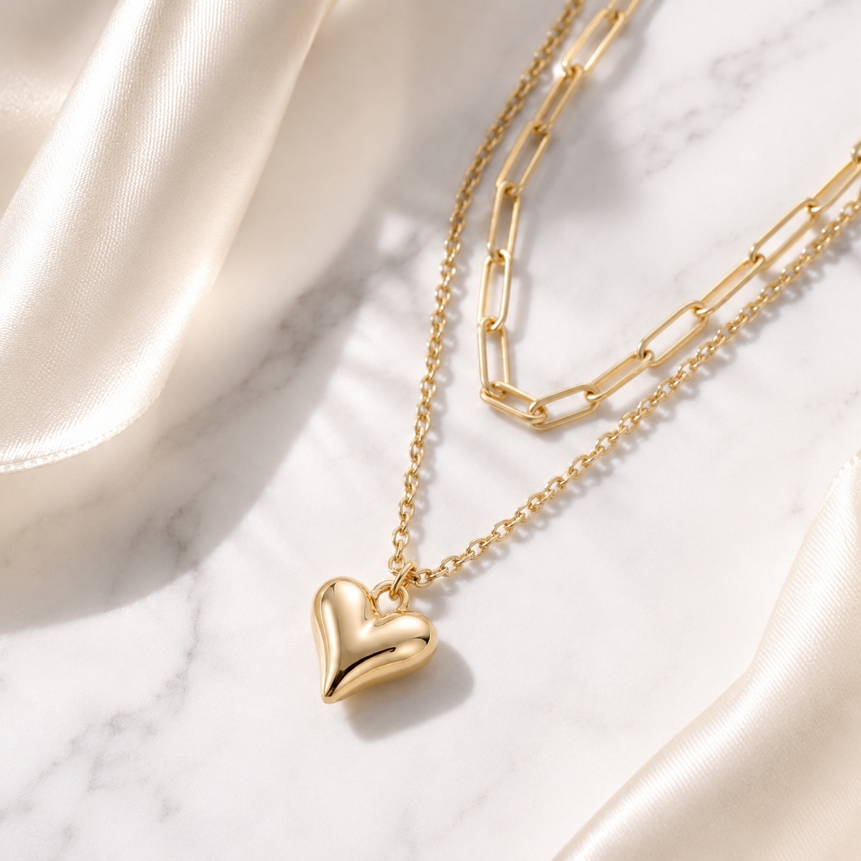 Layered Heart Necklace – 18K Gold Paperclip Chain, Waterproof