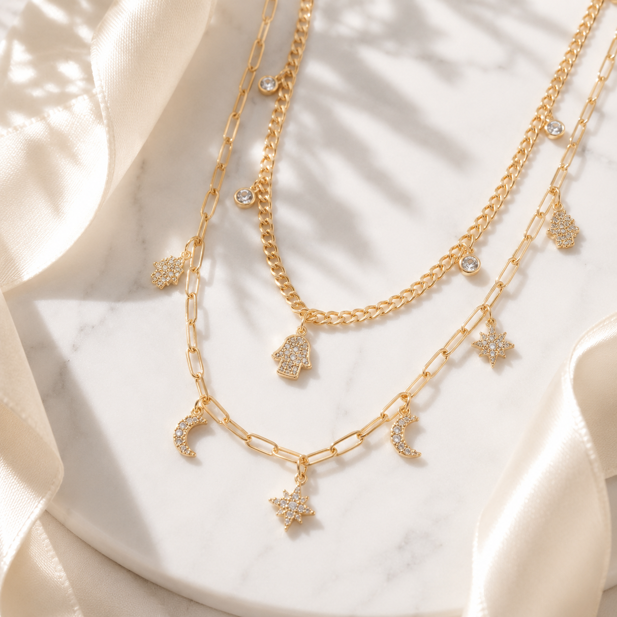 Evil Eye Hamsa Necklace – 18K Gold, Layered, Waterproof