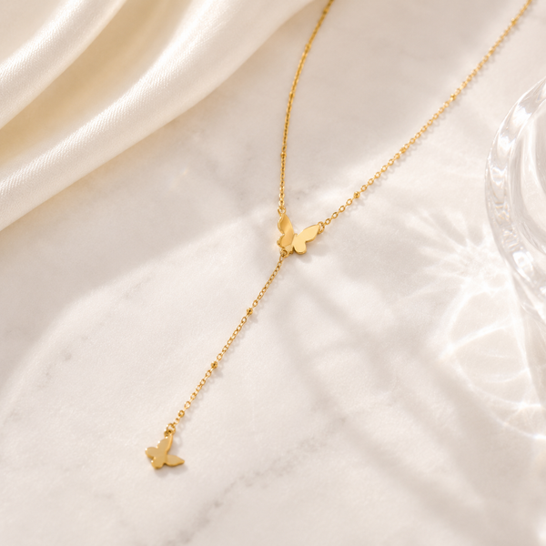 Butterfly Lariat Necklace – 18K Gold, Y Chain, Waterproof
