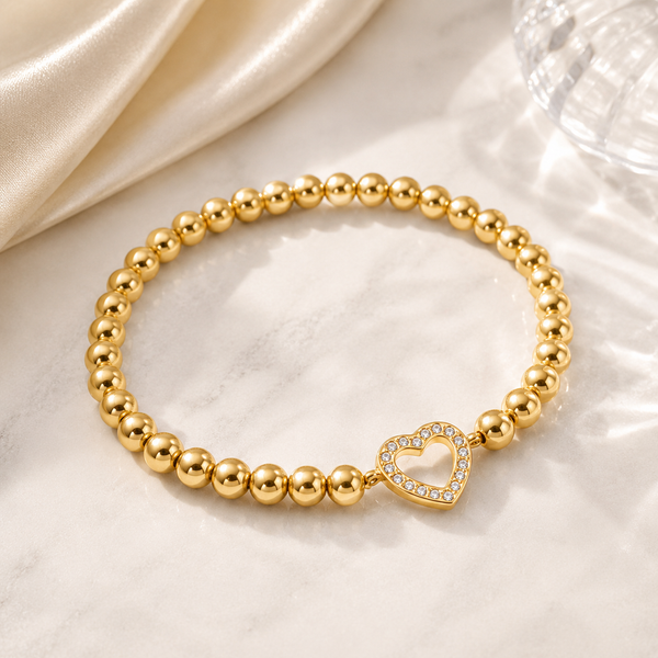 Stone Heart Beaded Stretch Bracelet – 18K Gold, Waterproof