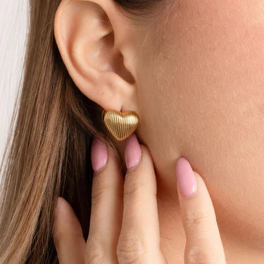 Textured Heart Huggie Earrings – 18K Gold, Romantic, Daily Wear