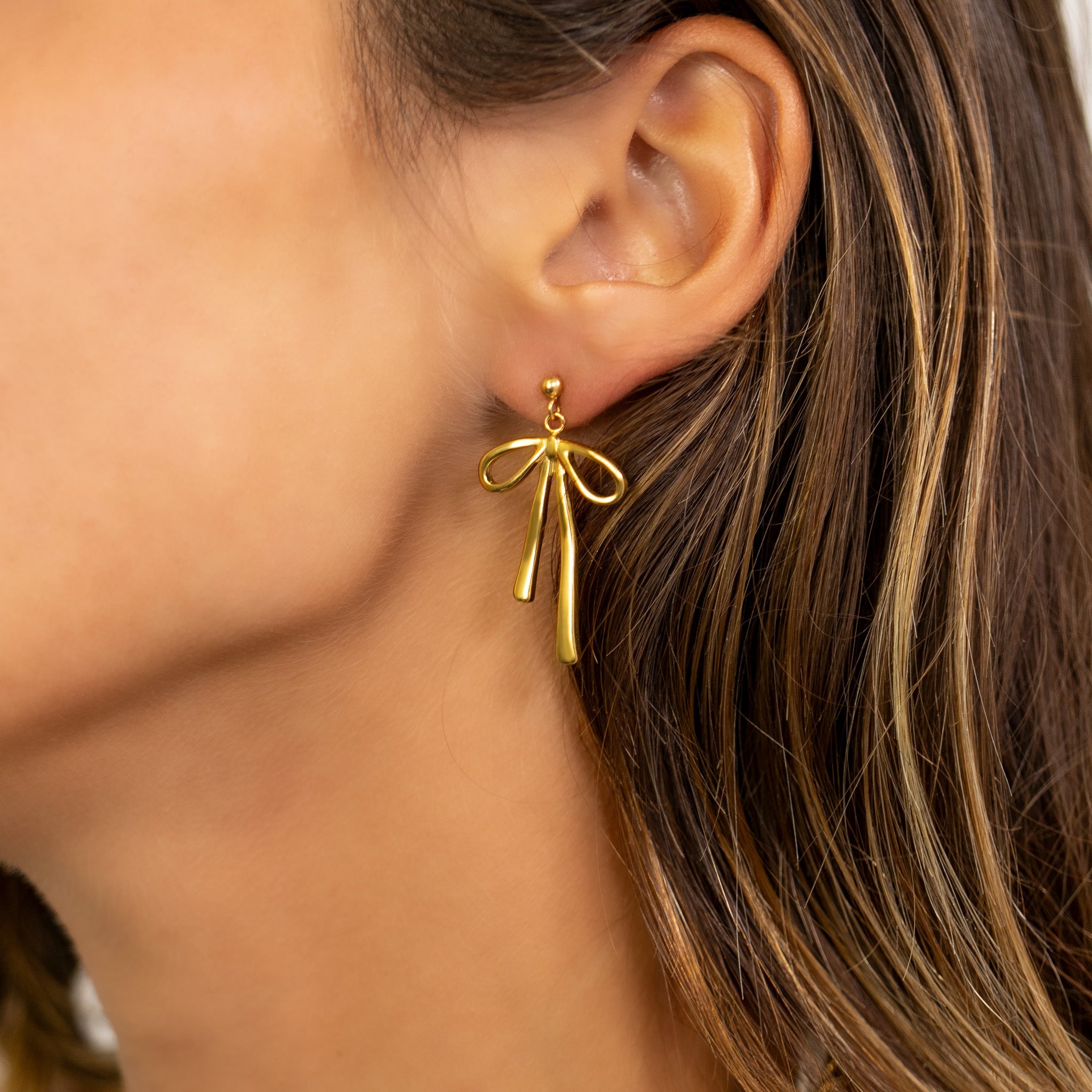 Ribbon Bow Drop Earrings – 18K Gold, Waterproof, Hypoallergenic