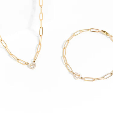 Heart Paperclip Necklace – 18K Gold, Paved CZ Charm, Waterproof