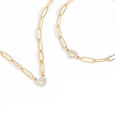Heart Paperclip Necklace – 18K Gold, Paved CZ Charm, Waterproof