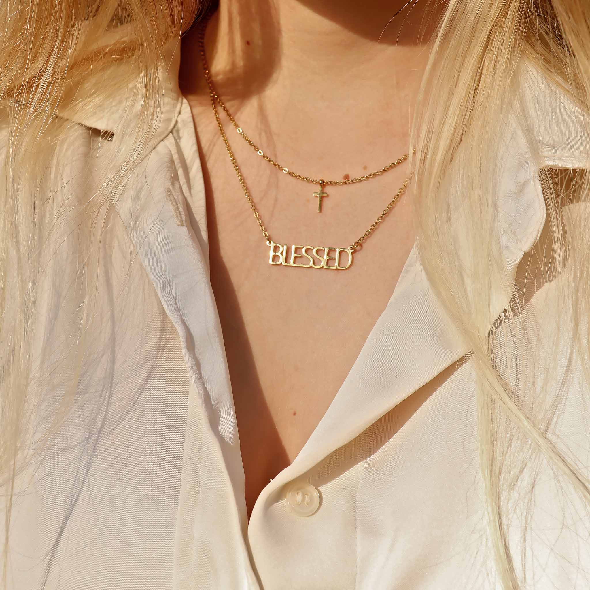 Cross Pendant Necklace – 18K Gold, Layered, Waterproof