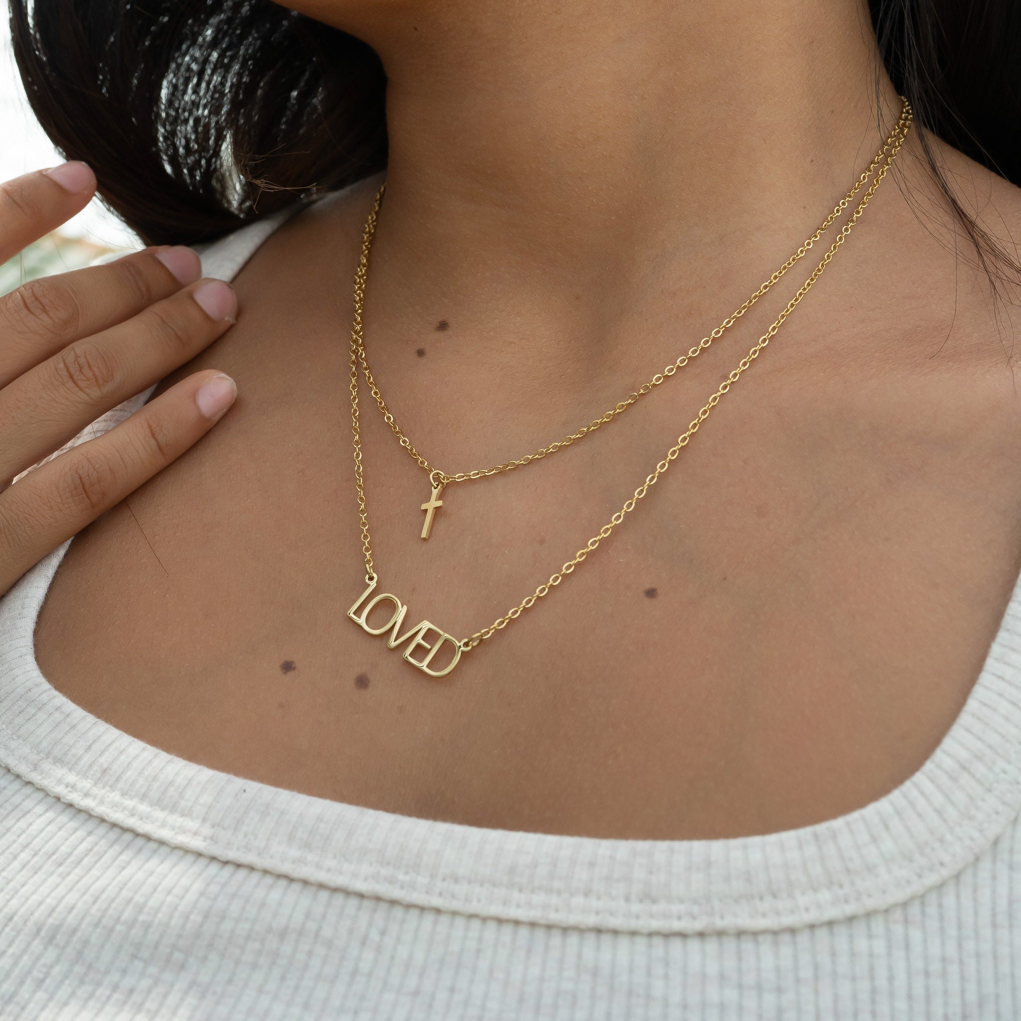 Layered Cross & Love Necklace – 18K Gold, Faith Jewelry