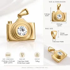 Gold Camera Charm, CZ Photography Pendant, Stainless Steel Jewelry Supply, Photographer Gift