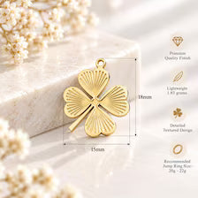18K Gold Four Leaf Clover Charm, Sunburst Stainless Steel Pendant, Waterproof Lucky Charm