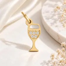 Gold Wine Glass Charm, CZ Cocktail Pendant, Stainless Steel Waterproof Jewelry Gift for Her