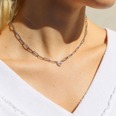 Heart Paperclip Necklace – 18K Gold, Paved CZ Charm, Waterproof