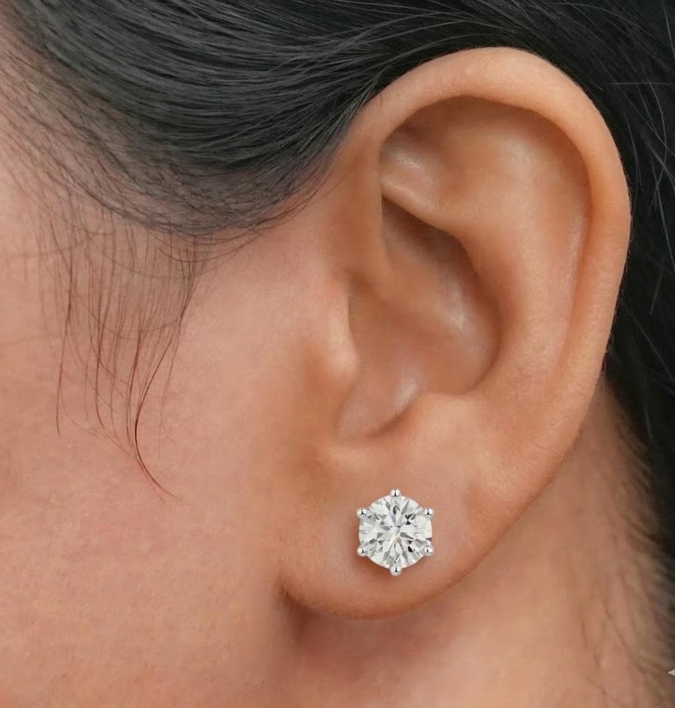 Round Lab Diamond Stud Earrings 6-Prong – Solid Gold, IGI Certified