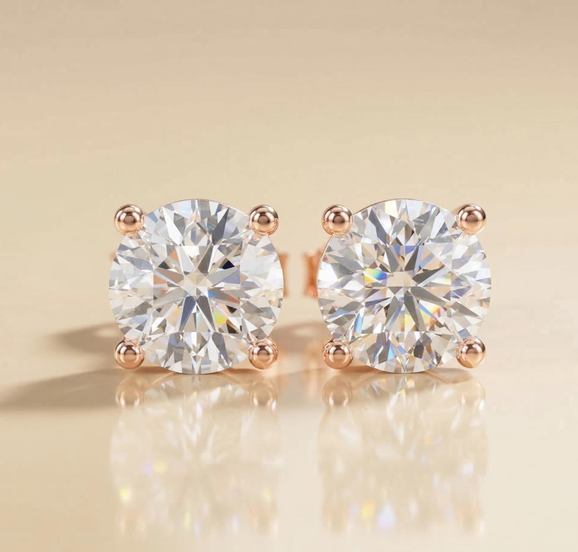Round Lab Diamond Stud Earrings 4-Prong – Solid Gold, IGI Certified