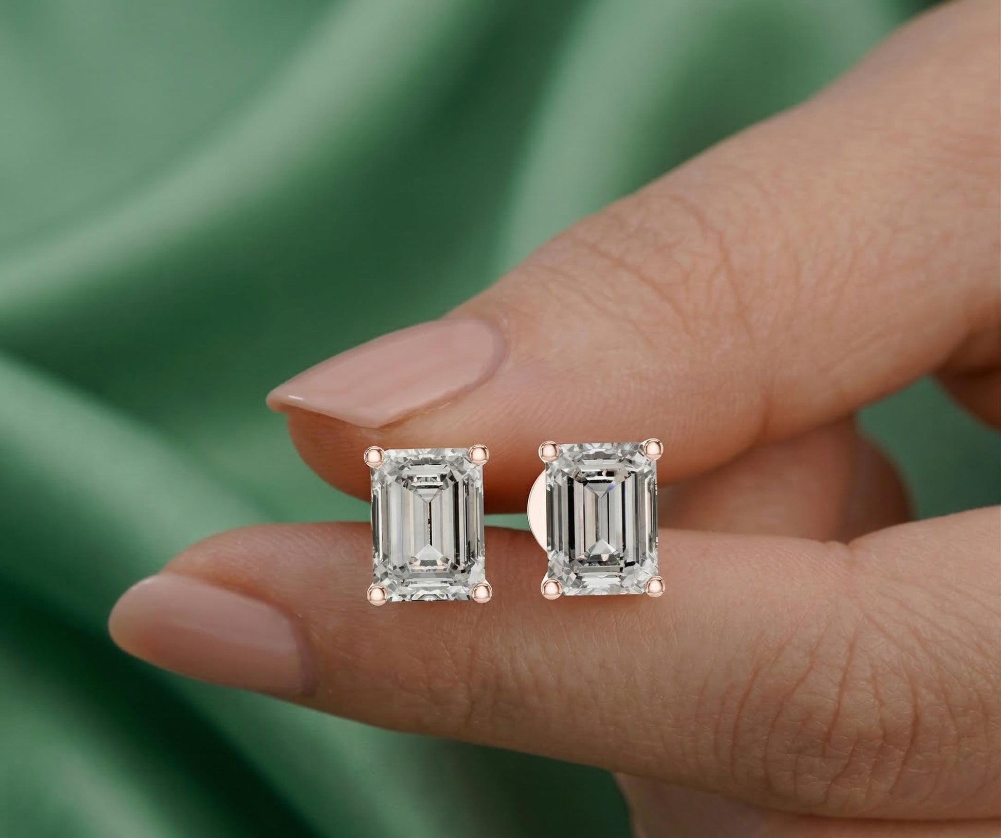 Emerald Cut Lab Diamond Stud Earrings – Solid Gold, IGI Certified