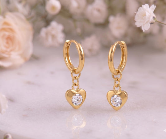 Heart Charm Huggie Earrings – 18K Gold, CZ Dangle, Hoop