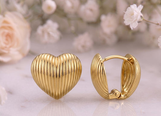 Textured Heart Huggie Earrings – 18K Gold, Romantic, Daily Wear