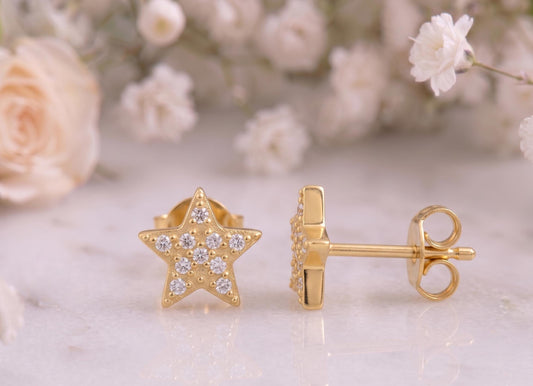 Pave Star Stud Earrings – 18K Gold, Dainty Celestial, Waterproof