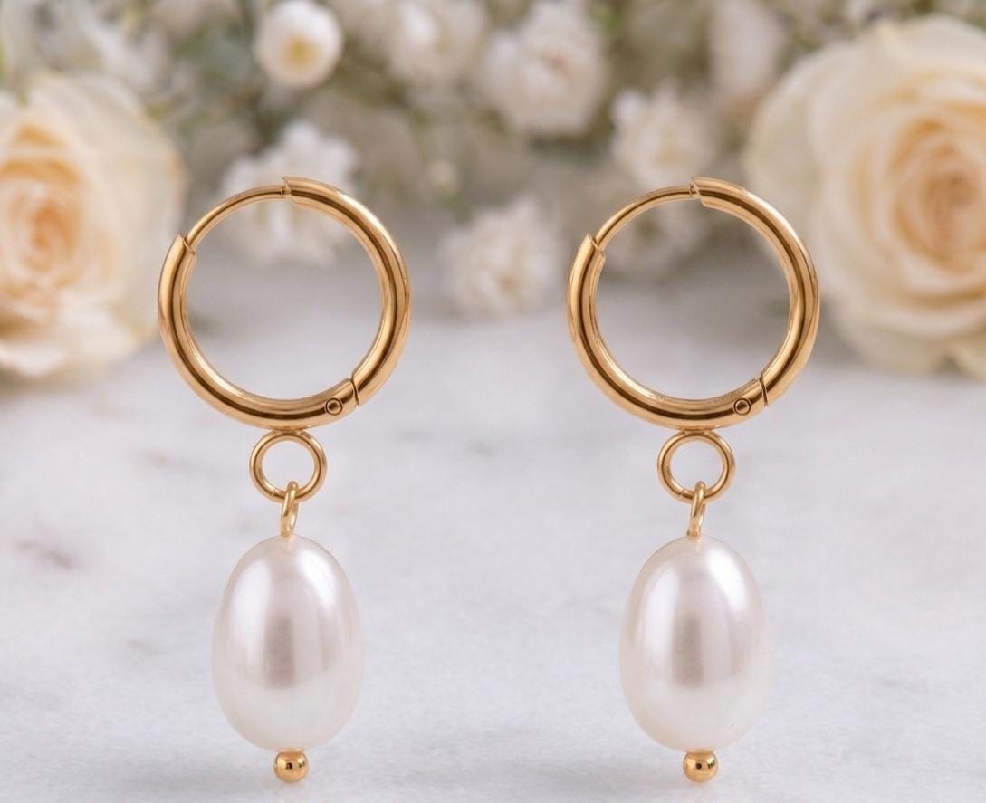 Freshwater Pearl Huggie Hoop Earrings – 18K Gold, Waterproof