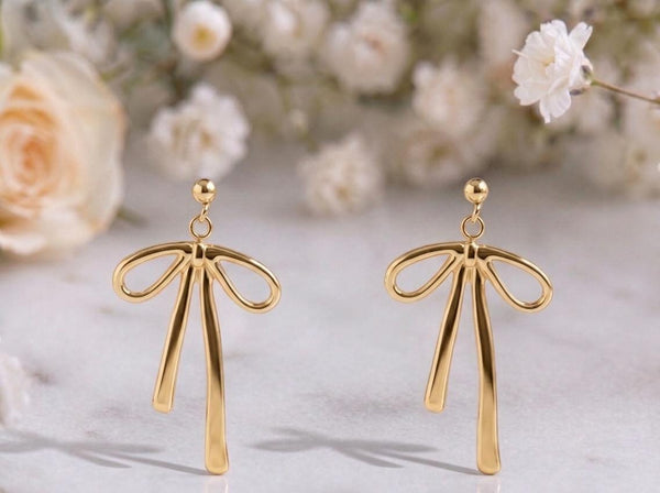 Ribbon Bow Drop Earrings – 18K Gold, Waterproof, Hypoallergenic