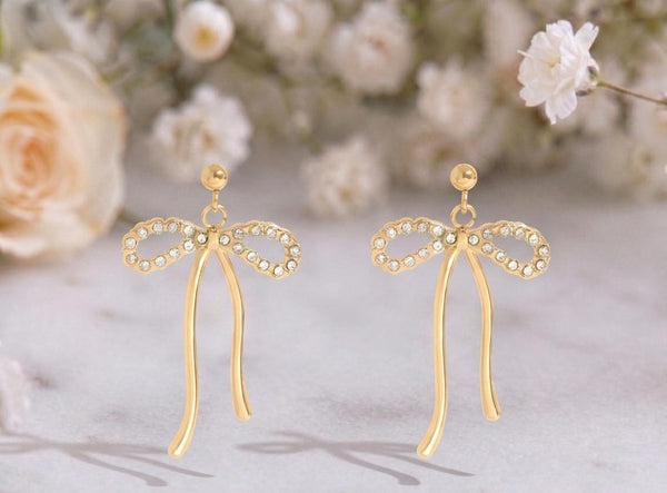 Ribbon Bow Stud Earrings – 18K Gold, CZ Stones, Waterproof