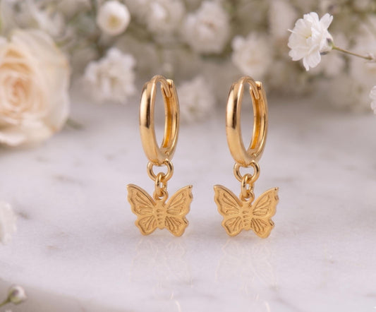 Butterfly Huggie Earrings – 18K Gold, Dainty Hoop, Waterproof