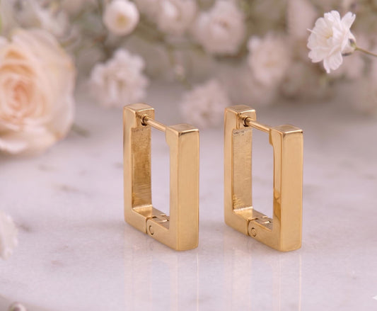 Square Huggie Hoop Earrings – 18K Gold, Geometric, Waterproof